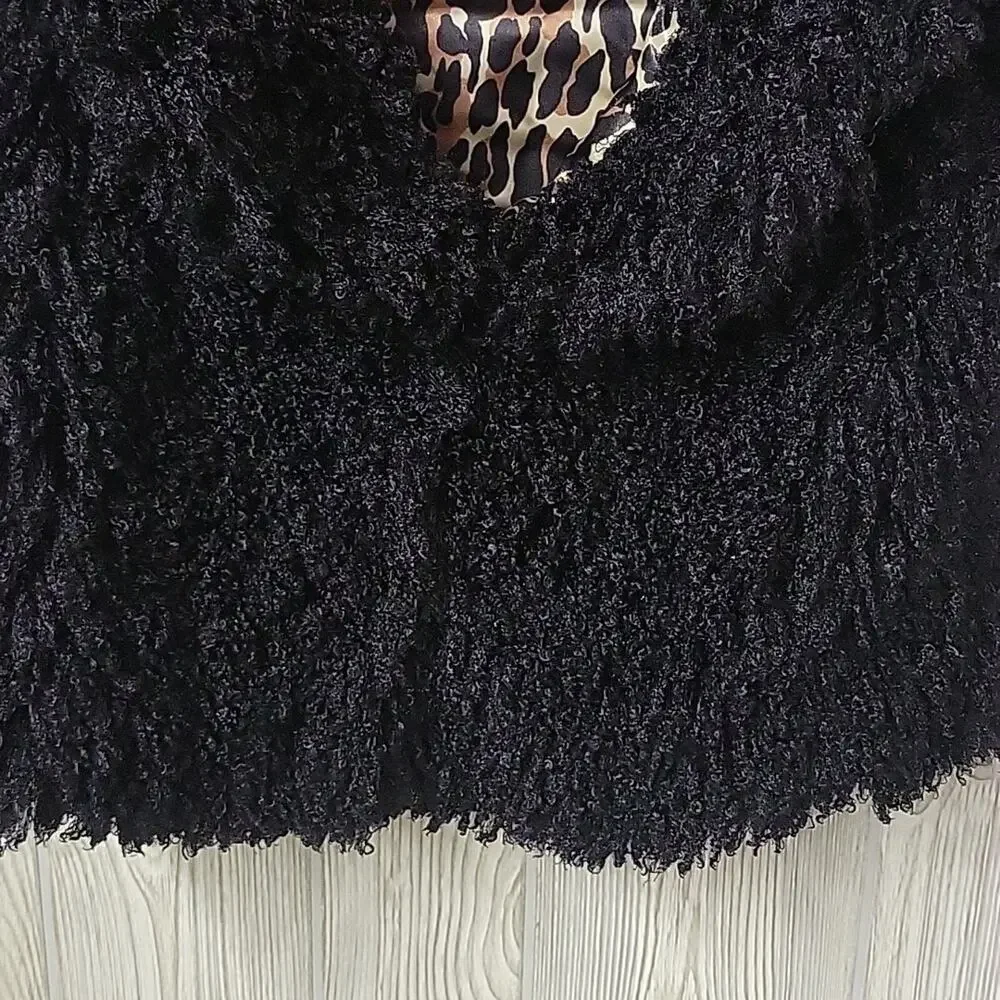 Betsey Johnson Black Faux Fur Vest Animal Print Lining Womens Size Small NWT